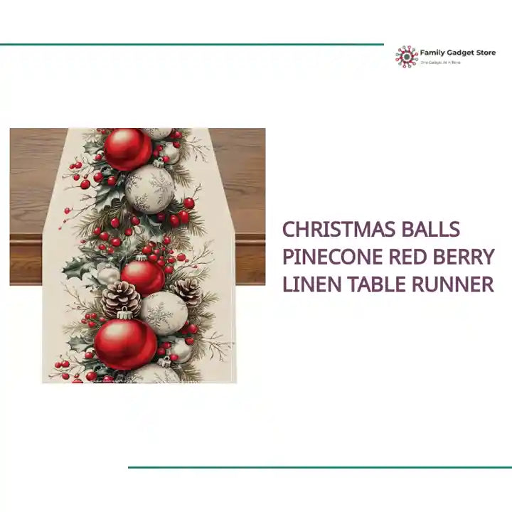 Christmas Balls Pinecone Red Berry Linen Table Runner by@Outfy