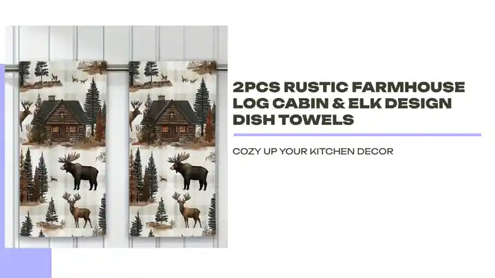 2pcs Rustic Farmhouse Log Cabin & Elk Design Dish Towels by@Outfy