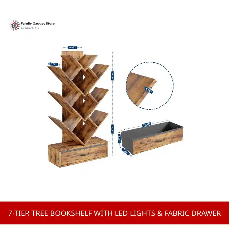 7-Tier Tree Bookshelf with LED Lights &amp; Fabric Drawer by@Outfy