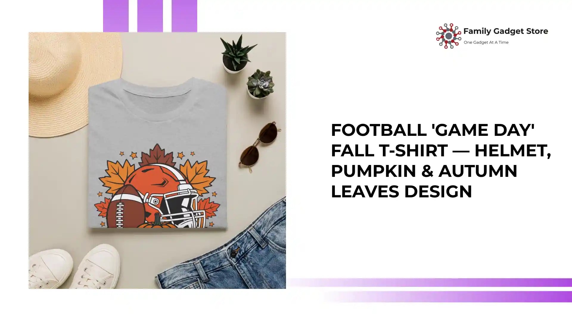 Football 'Game Day' Fall T-Shirt &mdash; Helmet, Pumpkin &amp; Autumn Leaves Design by@Outfy