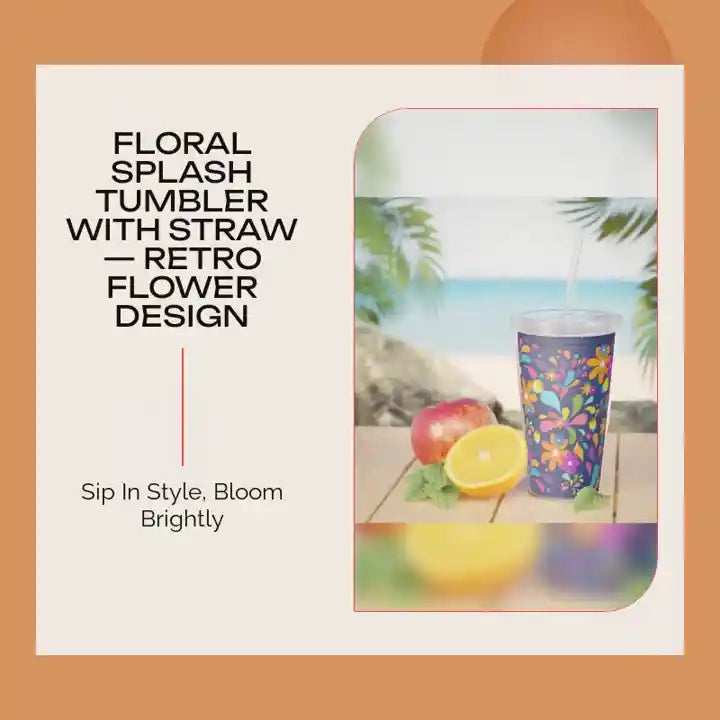 Floral Splash Tumbler with Straw &mdash; Retro Flower Design by@Outfy