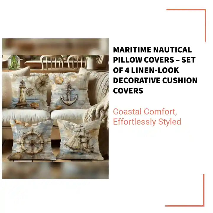 Maritime Nautical Pillow Covers &ndash; Set of 4 Linen-Look Decorative Cushion Covers by@Outfy