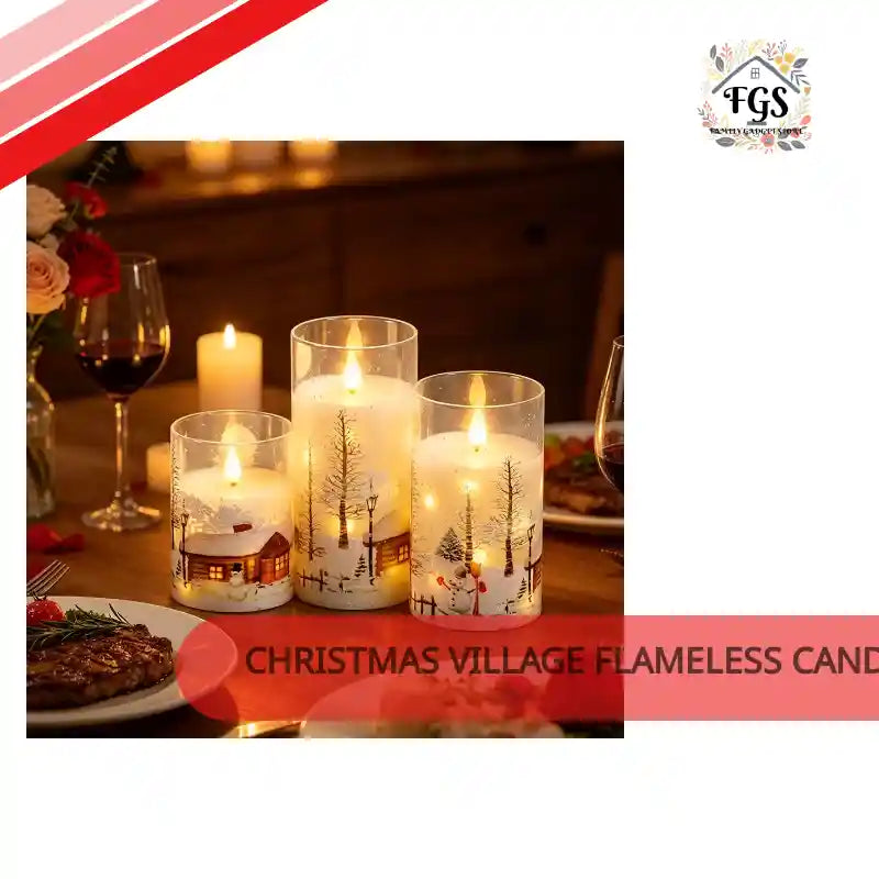 Christmas Village Flameless Candle &mdash; Glass & Paraffin with String Lights, Remote & Timer (Set of 3) by@Outfy