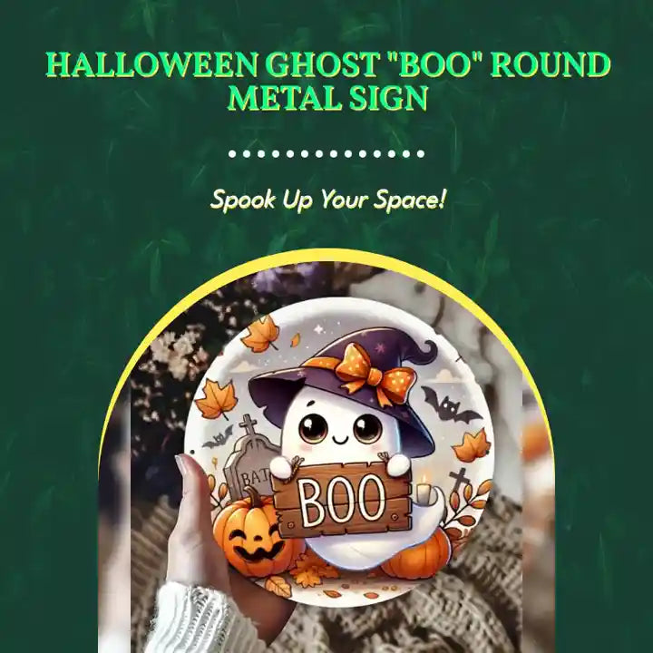 Halloween Ghost "BOO" Round Metal Sign by@Outfy