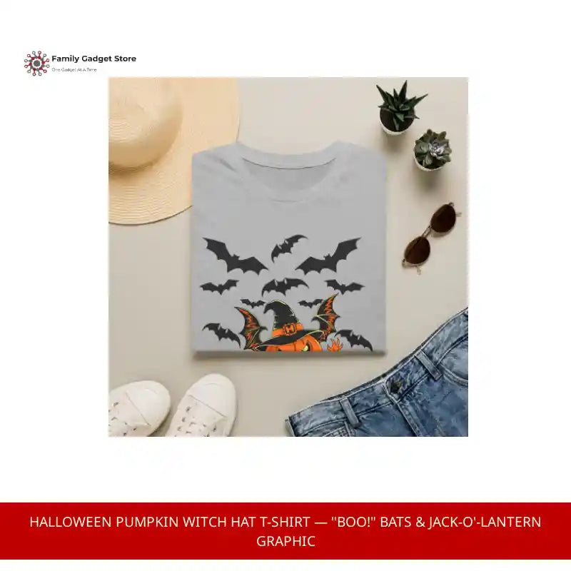 Halloween Pumpkin Witch Hat T-Shirt &mdash; "BOO!" Bats & Jack-O'-Lantern Graphic by@Outfy