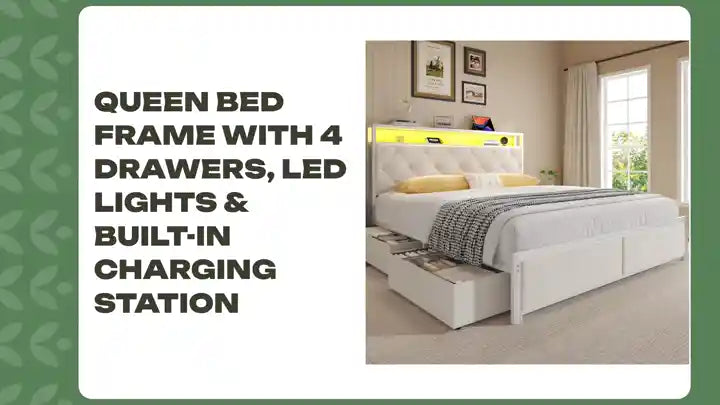 Queen Bed Frame with 4 Drawers, LED Lights &amp; Built-In Charging Station by@Outfy