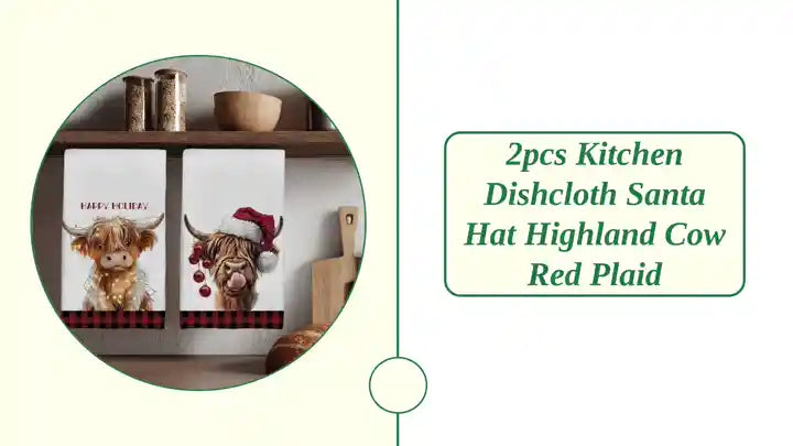 2pcs Kitchen Dishcloth Santa Hat Highland Cow Red Plaid by@Outfy