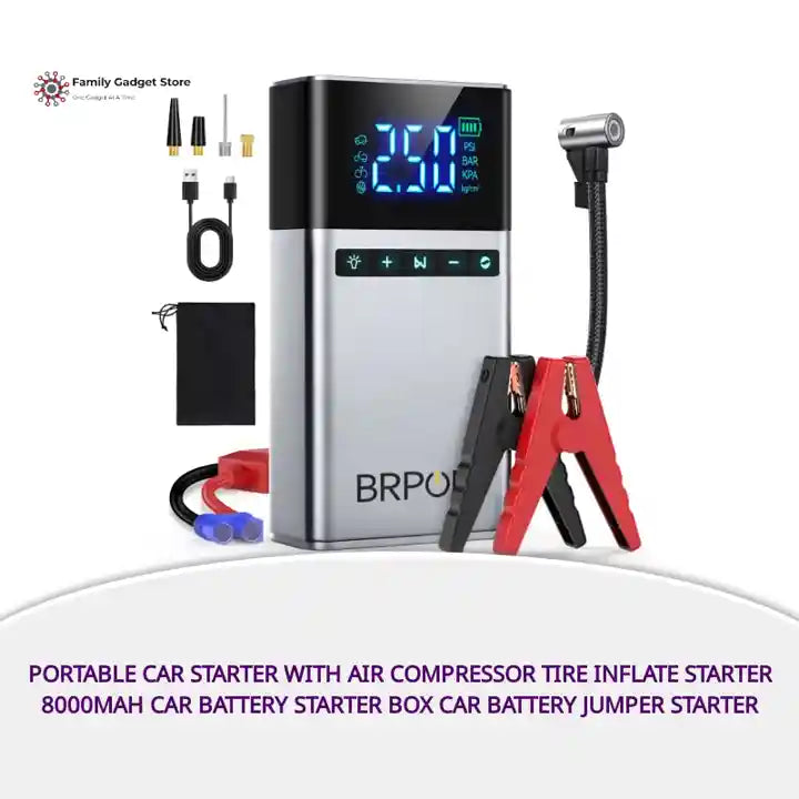 Portable Car Starter with Air Compressor Tire Inflate Starter 8000mAh Car Battery Starter Box Car Battery Jumper Starter by@Outfy