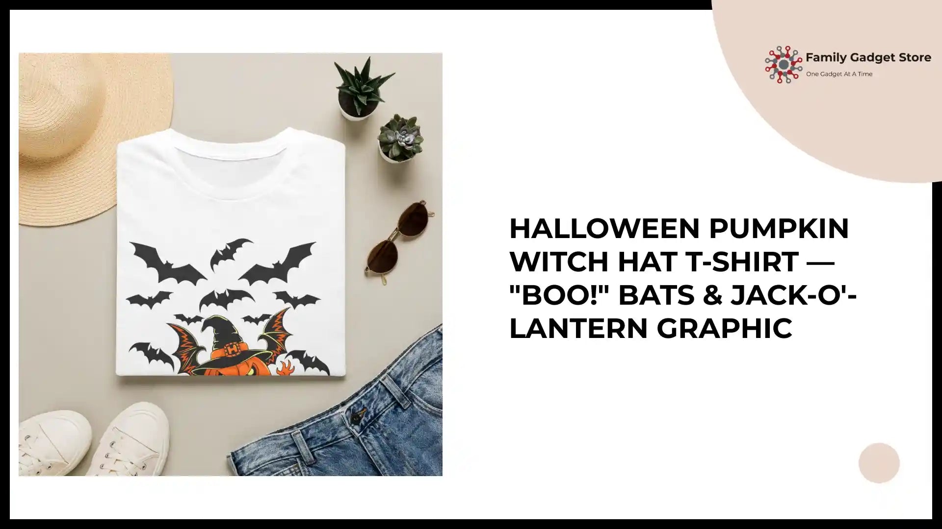 Halloween Pumpkin Witch Hat T-Shirt &mdash; "BOO!" Bats &amp; Jack-O'-Lantern Graphic by@Outfy